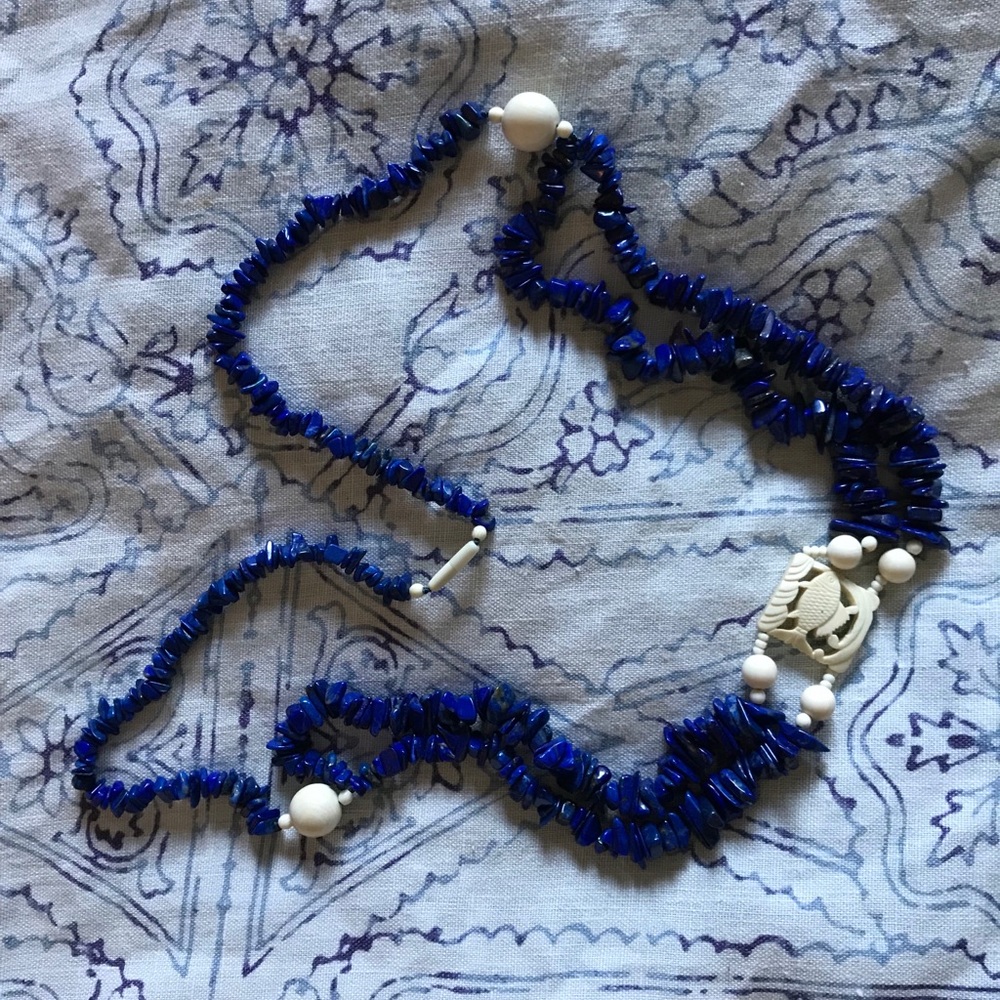 Lapis and white wood antique necklace.